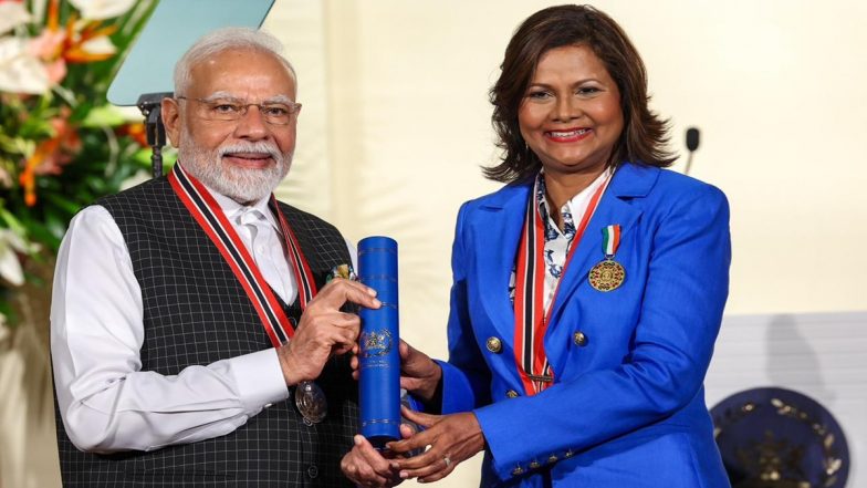 PM Narendra Modi Conferred With ‘The Order of the Republic of Trinidad & Tobago’ During Ceremonial Event at President’s House in Port of Spain (See Pics and Videos)