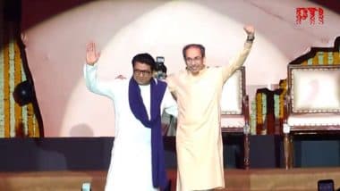 ‘Have Come Together to Stay Together’: Uddhav Thackeray at ‘Victory Rally’ Against Hindi ‘Imposition’ With Cousin Raj Thackeray (Watch Videos)