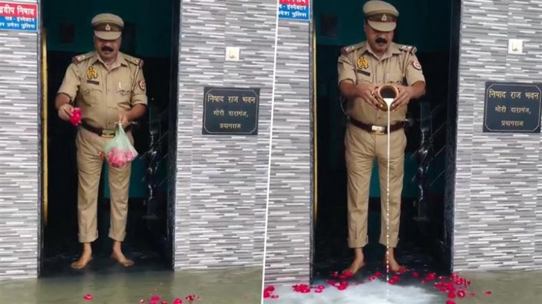 Prayagraj: UP Cop Offers Flowers and Milk As Ganga Floods His Home, Says ‘Blessed to Have Maa at My Doorstep’ (Watch Video)