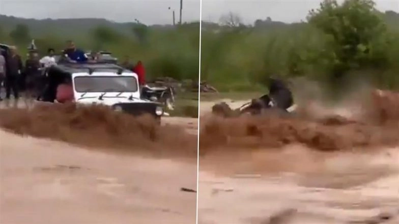 Chandigarh: 3 Men Narrowly Escape After Jeep Swept Away in Flooded Jayanti Devi River; Video Surfaces