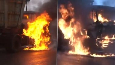 Gujarat Fire: Trailer Goes Up in Flames on Gandhidham-Kandla Highway in Kutch (Watch Video)