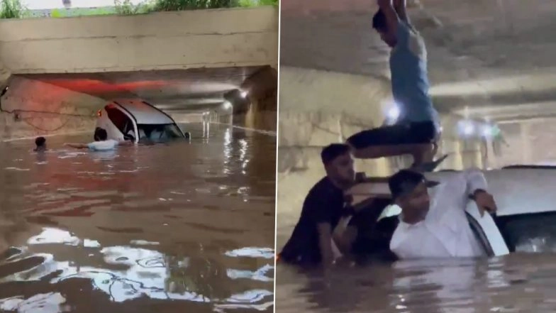 Thane: Car Submerged in Flooded Underpass After Heavy Rains, Viral Video Shows Locals Swimming To Save Stranded Passengers
