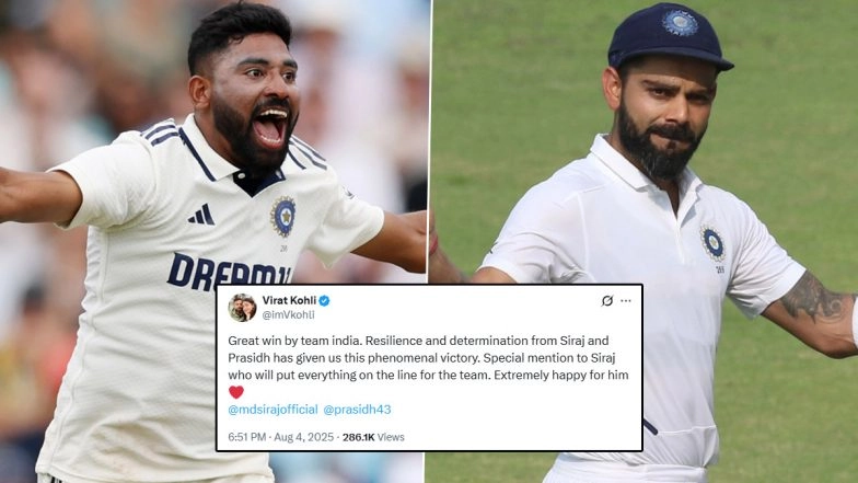 Virat Kohli Showers Praise on Mohammed Siraj After Team India’s Series-Levelling Win in IND vs ENG 5th Test 2025, Says 'Extremely Happy For Him’ (See Post)