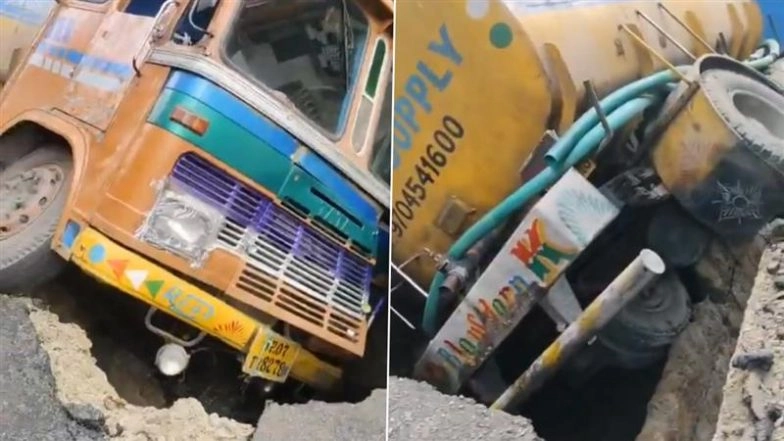 Hyderabad Road Cave-In: Driver Injured As Water Tanker Plunges Into Drain Near Virinchi Hospital Following Heavy Rains in Banjara Hills (Watch Video)