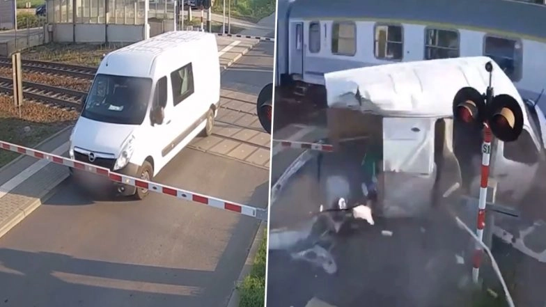 Poland: Van Trapped Between Barriers After Running Red Light Gets Hit by Train in Wola Filipowska, Driver Miraculously Escapes Unharmed; CCTV Video Goes Viral