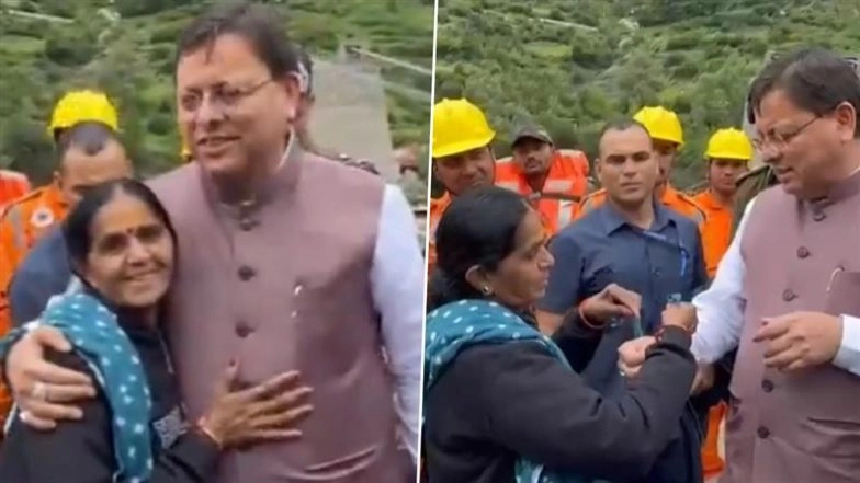 Uttarakhand: Gujarat Woman Tourist Tears Dupatta To Tie Rakhi on CM Pushkar Singh Dhami After Rescue in Dharali; Heartwarming Video Surfaces