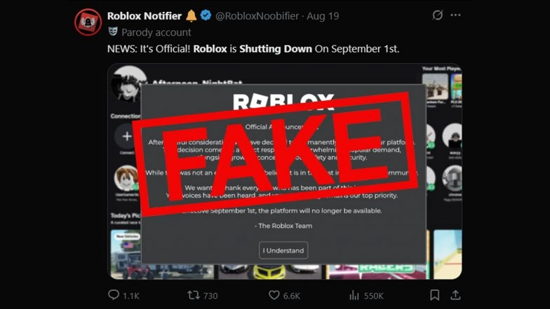 Fact Check: Is Roblox Permanently Shutting Down on September 1, 2025 Amid Facing Backlash? Check Details of Claims Spread on Social Media
