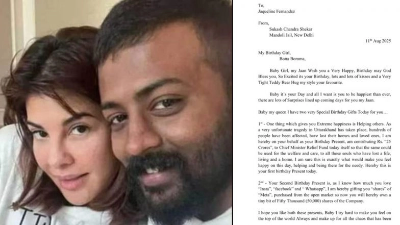 Jacqueline Fernandez Birthday: Did Conman Sukesh Chandrasekhar Gift 50,000 Meta Shares to Actress, Donate INR 25 Crore? Unverified Report Claims Extravagant Presents, Love Note From Prison (See Post)