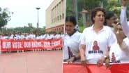 Priyanka Gandhi, Other INDIA Bloc MPs Wear T-Shirts Featuring ‘124-Year-Old Voter Minta Devi’ in Protest Over Alleged Voter Fraud, Bihar SIR Issues (Watch Video)