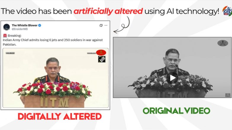Did Indian Army Chief General Upendra Dwivedi Admit to India Losing 6 Jets and 250 Soldiers in Pakistan War? PIB Fact Check Debunks AI-Generated Deepfake Video
