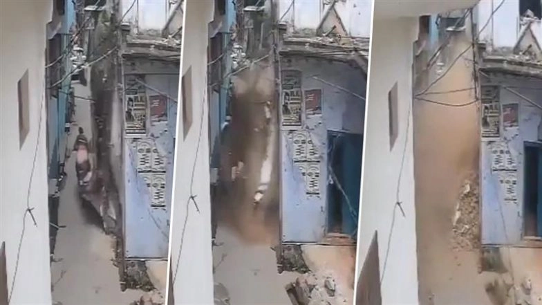Amroha: Biker Crushed Under Falling Wall of Abandoned House Amid Heavy Rains, Pulled Out Alive by Locals; Terrifying Video Surfaces