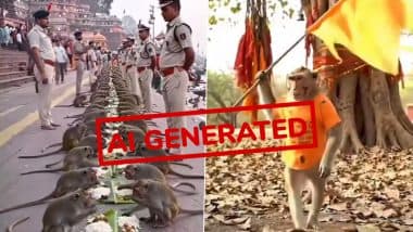 Fact Check: Was a ‘Monkey Army’ Fed at Varanasi Ghat Under UP Police Protection During Krishna Janmashtami Celebrations? AI-Generated Video Goes Viral With Fake Claim