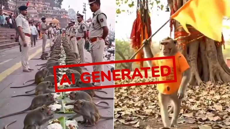 Fact Check: Was a &lsquo;Monkey Army&rsquo; Fed at Varanasi Ghat Under UP Police Protection During Krishna Janmashtami Celebrations? AI-Generated Video Goes Viral With Fake Claim