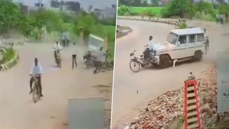 Baran Road Accident Caught on Camera: Speeding Bolero Ploughs Through Pedestrians and Bikers in Rajasthan, Leaves Over a Dozen Injured; Driver Absconding (Watch Video)