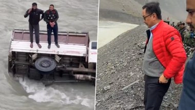 Kiren Rijiju Stops Convoy After Truck Skids Into River Near Drass, Ensures Rescue of 2 Stranded Men (Watch Video)
