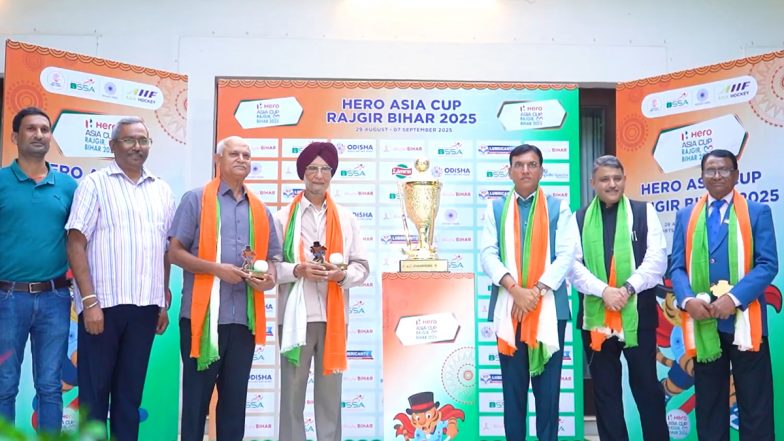 Asia Cup 2025: Sports Minister Mansukh Mandaviya Unveils Hockey Trophy in Rajgir, Bihar (Watch Video)