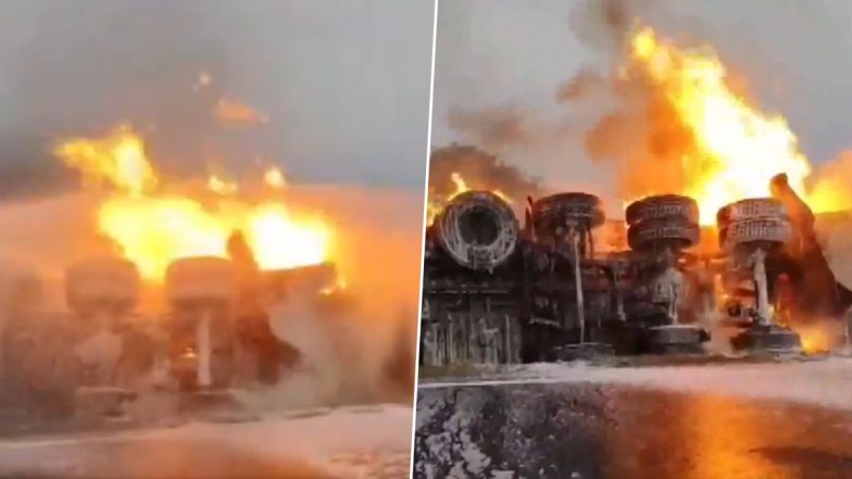 Uttar Pradesh: Truck Carrying Chemicals Overturns and Catches Fire on Bareilly-Jaipur Highway in Mathura (Watch Video)