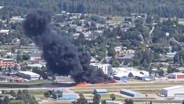 Montana Plane Crash Videos: Fire Erupts After Small Plane Carrying 4 Hits Parked Aircraft on Runway at Kalispell City Airport in US, All Miraculously Survive