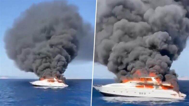 Spain Yacht Fire: Crew Escapes Unharmed As Luxury Superyacht ‘Da Vinci’ Catches Blaze and Sinks off Formentera Coast in Ibiza, Dramatic Video Surfaces