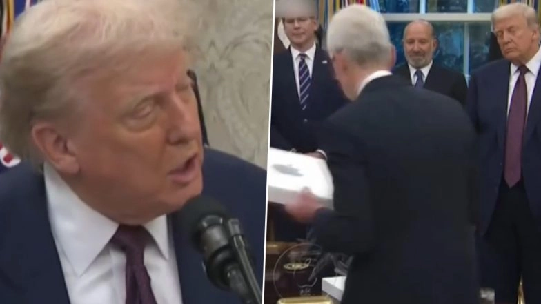 Tim Cook Gifts Donald Trump Custom Apple Glass Set in 24-Karat Gold as Company Pledges Additional USD 100 Billion US Investment (Watch Video)