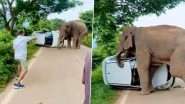 Elephant Attack in Guwahati: Injured Wild Elephant Storms Roadside, Smashes Parked Car in Amchang; Video Goes Viral