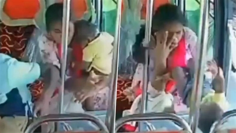 Terrifying Moment Caught on Camera: Infant Falls Out of Bus After Driver Applies Sudden Brake in Tamil Nadu, Narrowly Escapes Major Injury; Video Surfaces