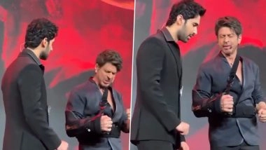 Shah Rukh Khan Teaches ‘The Ba***ds of Bollywood’ Actor Lakshya Lalwani His Iconic Pose at Show’s Preview Event; ‘Kill’ Star Nails It With a ‘Dharti Ka Seena Phaad’ Entry! (Watch Viral Video)