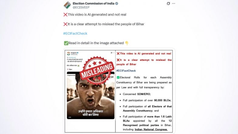 Bihar Assembly Elections 2025: ECI Slams Congress’ AI-Generated Video Alleging Vote Theft, Calls It a ‘Misleading’ Attempt To Confuse Voters