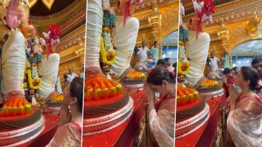 Bhagyashree Takes Blessings From Lalbaugcha Raja With Son Abhimanyu Dassani, Offers Prayers to Lord Ganesha (Watch Video)