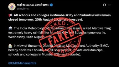 Will There Be School Holiday in Mumbai on August 20 Amid Severe Rainfall Alert? Know if Schools in City Will Remain Open or Shut