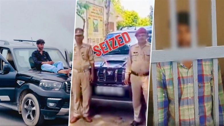 Reel to Real Trouble in Hapur: Man Performs Dangerous Stunt on Moving SUV Along NH9 in UP, Arrested As Police Issue INR 30,500 Challan and Seize Car (Watch Video)