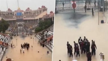 Floods Hit Pakistan’s Wagah Border Beating Retreat: Rangers March in Ankle-Deep Water Amid Floating Garbage; Video Goes Viral