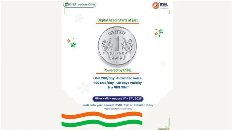 BSNL Freedom Offer: Bharat Sanchar Nigam Limited Launches INR 1 Offer for New Users, Valid Till August 31, 2025; Check Plan Details