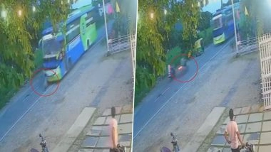 Haldwani Road Accident: Man Killed After Speeding Bike Collides With Private Bus in Uttarakhand’s Golapar, Disturbing CCTV Video Surfaces