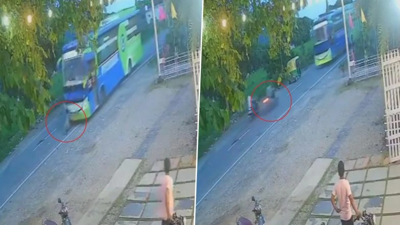 Haldwani Road Accident: Man Killed After Speeding Bike Collides With Private Bus in Uttarakhand’s Golapar, Disturbing CCTV Video Surfaces