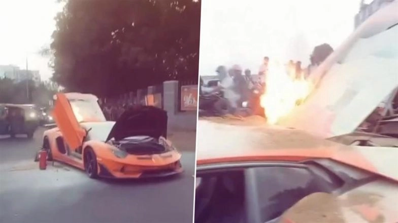 Lamborghini Aventador on Fire in Bengaluru: Luxury Sports Car Belonging to Influencer Sanjeev Aka Nimma Mane Maga Sanju Engulfs in Blaze, Industrialist Gautam Singhania Shares Video on X