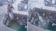 Ghaziabad: Narrow Escape for Man After Scooter Falls Into Open Drain Outside Gaur Green City Market, Dramatic CCTV Video Goes Viral