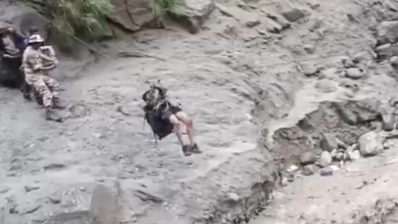 Himachal Pradesh: 413 Pilgrims Rescued From Kinnaur Kailash Trek by ITBP, NDRF After 2 Makeshift Bridges Washed Away Due to Torrential Rains and Cloudbursts in Tangling (Watch Videos)
