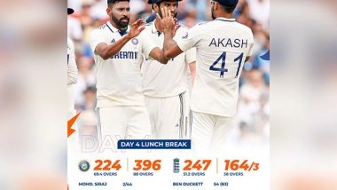 Sports News | Prasidh-Siraj's Fiery Spells Keep India in Hunt to Win Oval Test Against England (Day 4 Lunch)