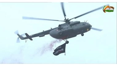 India News | Independence Day: Two Mi-17 Helicopters Fly Above Red Fort Showering Petals and Carrying a Banner of Operation Sindoor