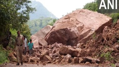 India News | Dhar Road Linking Lakhanpur and Udhampur in Udhampur's Darsoo Area Blocked After Massive Boulder Falls; Clearance Operation Underway