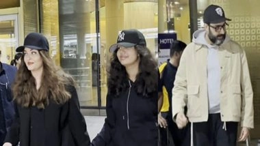 Aishwarya Rai Bachchan, Abhishek Bachchan and Aaradhya Bachchan Steal the Spotlight at Mumbai Airport in ‘Cap’ Look, As They Return to City After Holiday (Watch Videos)
