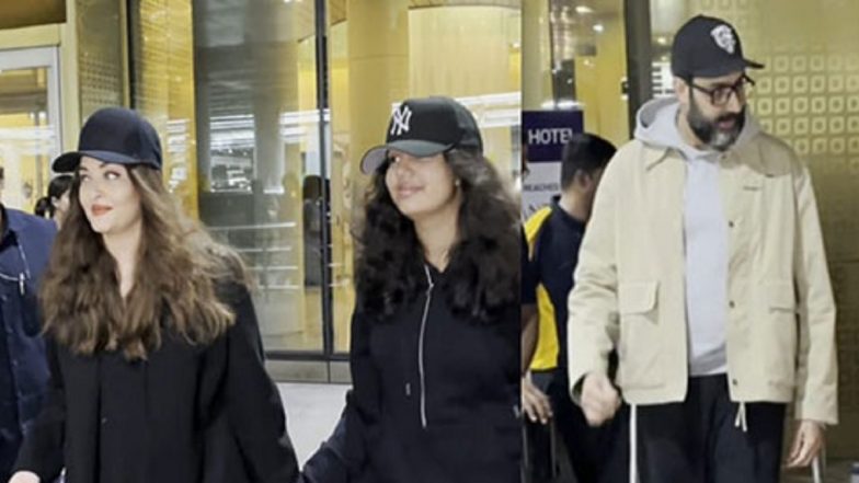 Aishwarya Rai Bachchan, Abhishek Bachchan and Aaradhya Bachchan Steal the Spotlight at Mumbai Airport in &lsquo;Cap&rsquo; Look, As They Return to City After Holiday (Watch Videos)