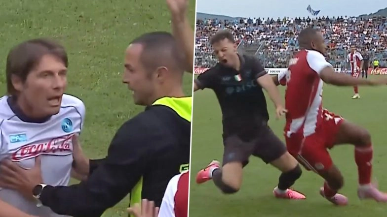 Antonio Conte Loses Cool, Angrily Confronts Olympiacos’ Ayoub El Kaabi After His Tackle Floors Napoli Defender Amir Rrahmani During Club Friendly 2025 (Watch Video)