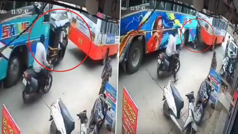 Karnataka: Autorickshaw Gets Crushed Between 2 Buses in Chitradurga After Bus Rams Vehicle From Behind, Driver and Passengers Survive; Terrifying Video Surfaces
