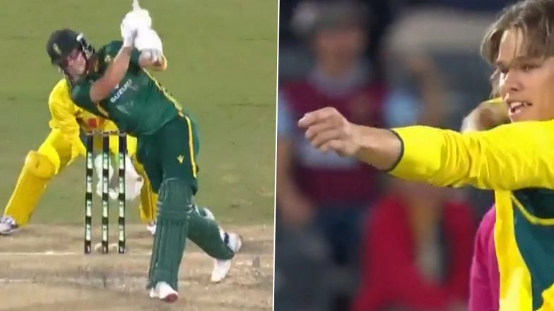 Cooper Connolly Performs 'Bow and Arrow' Celebration As He Gives Send-Off to Dewald Brevis After Dismissing Him During AUS vs SA 3rd ODI 2025 (Watch Video)