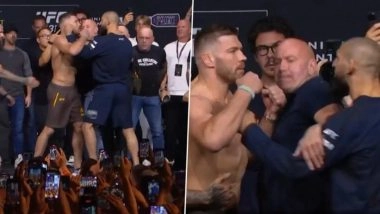 Dricus Du Plessis and Khamzat Chimaev Involved in Heated Confrontation at UFC 319 Weigh-In Ceremony Ahead of Blockbuster Fight for Middleweight Championship (Watch Video)