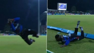 Fabian Allen Pulls Off Acrobatic Save To Deny Romario Shepherd a Six During Antigua and Barbuda Falcons vs Guyana Amazon Warriors CPL 2025 Match (Watch Video)
