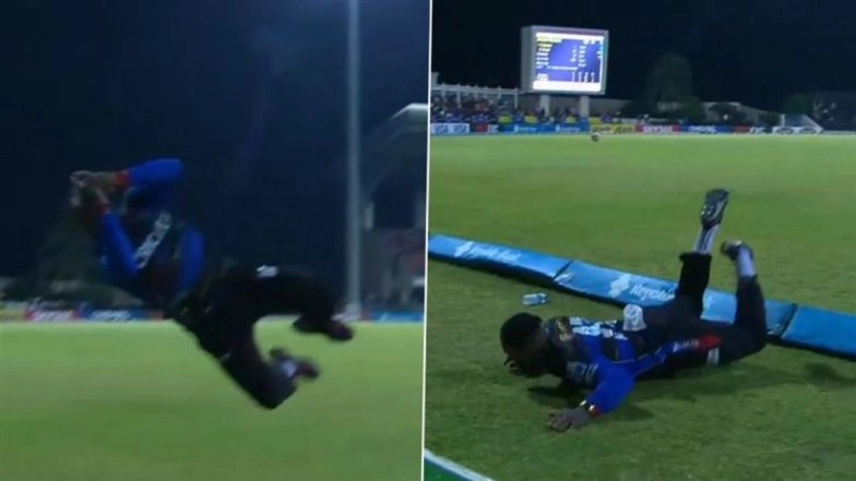 Fabian Allen Pulls Off Acrobatic Save To Deny Romario Shepherd a Six During Antigua and Barbuda Falcons vs Guyana Amazon Warriors CPL 2025 Match (Watch Video)