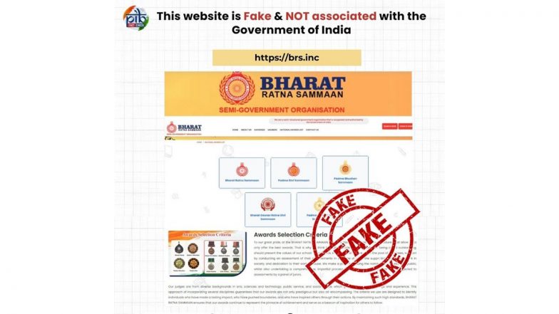 Fake Website &lsquo;brs.inc&rsquo; Scams People by Charging Nominee Fees for National Awards Like Bharat Ratna and Padma Vibhushan, Govt Issues Fact Check Alert
